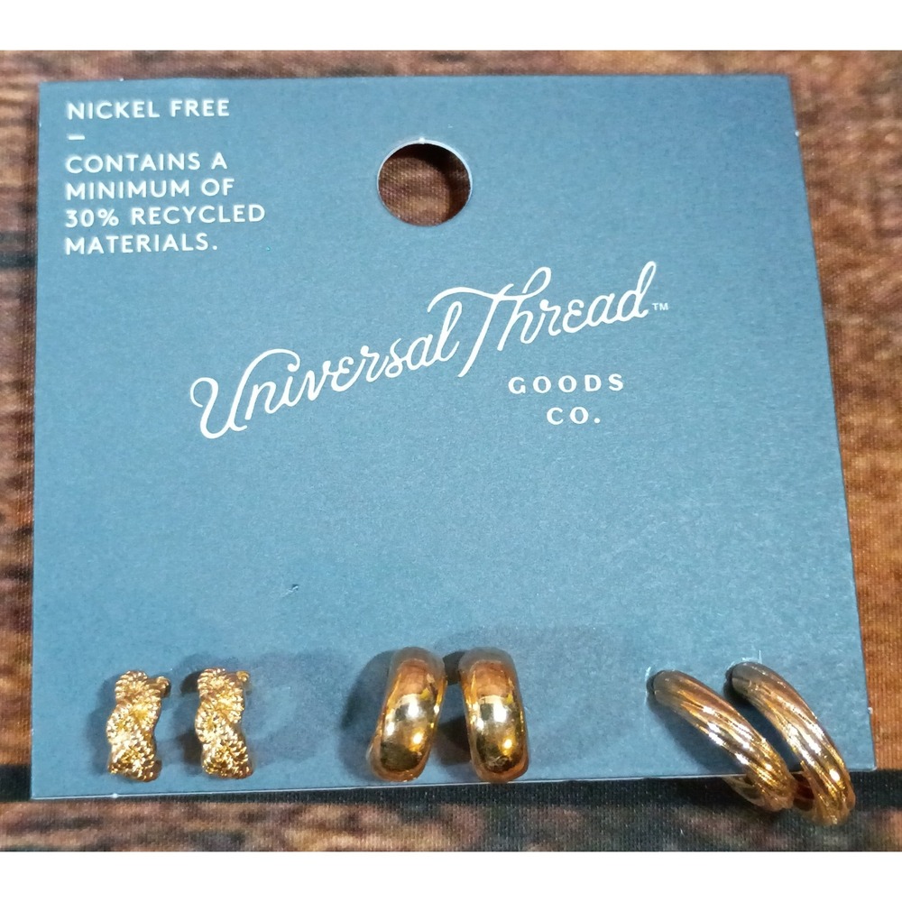 Universal Thread Gold Trio Earring Set Textured Smooth Ribbed‎ Hoops ER8759101